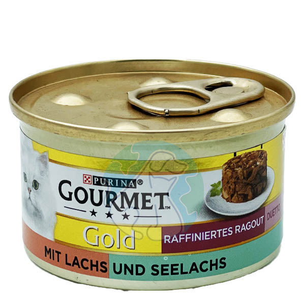 کنسرو گربه ماهی سالمون و ماهی آزاد کیک 85گرمی Gourmet Gold